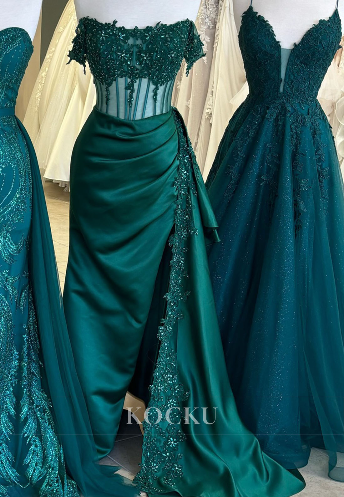 Off-Shoulder Tube Top Sheath Prom Dress High Split Sweep train Pleated Satin Evening Dress with Beads