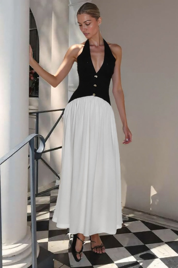 Halter Deep V-Neck Heart Button Pleated Skirt Maxi Gown - View 4