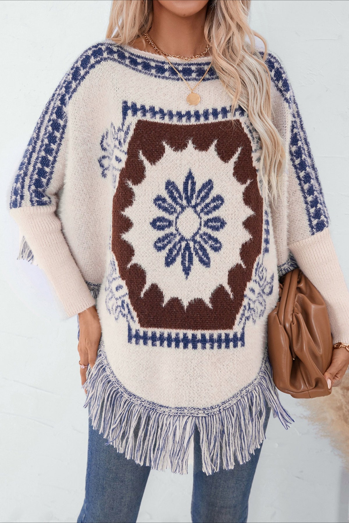 Pullover Knit Ethnic Long Sleeve Blouse