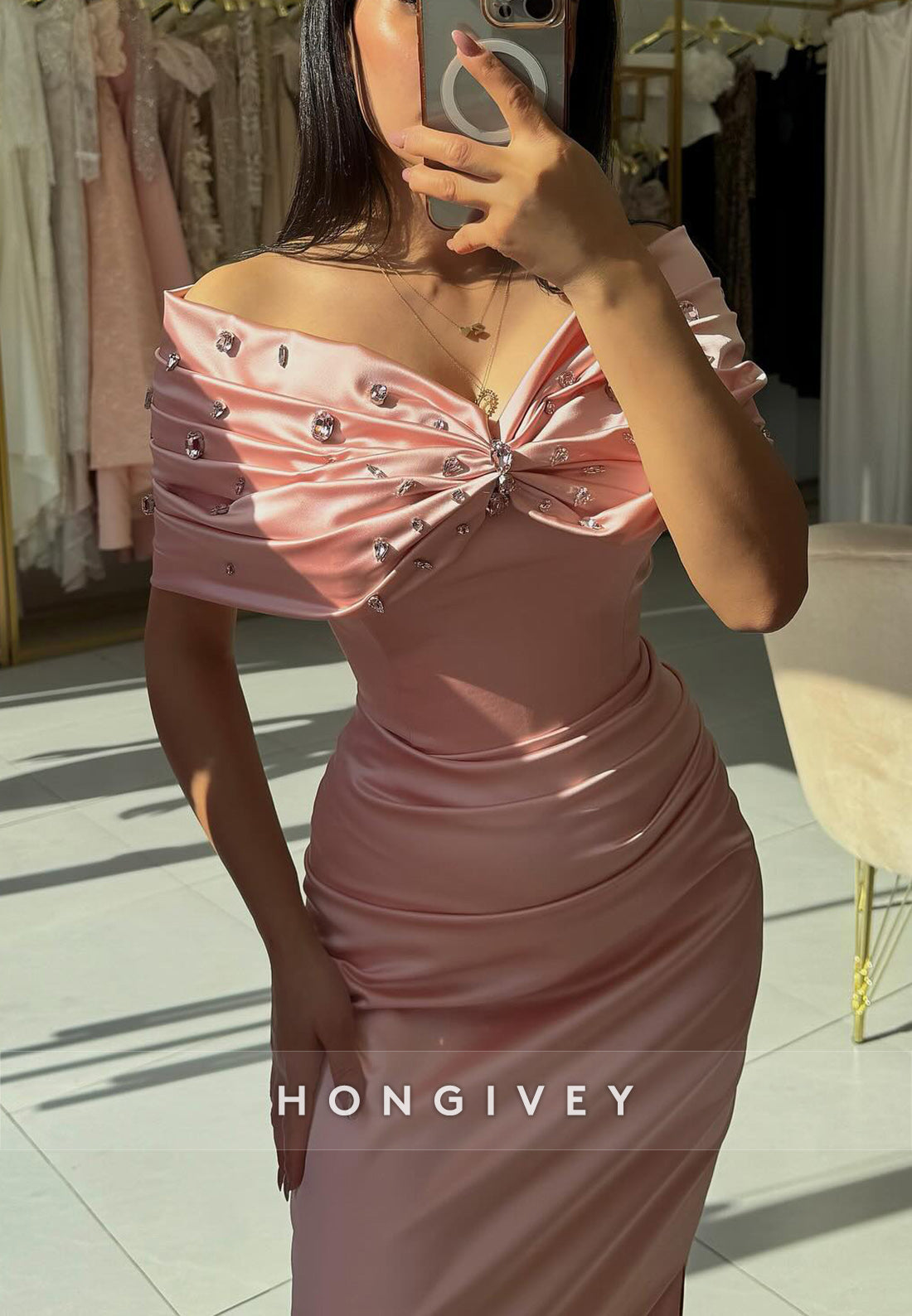 Off the Shoulder Bowknot Sheath Floor-Length Satin Pleated Evening Gown