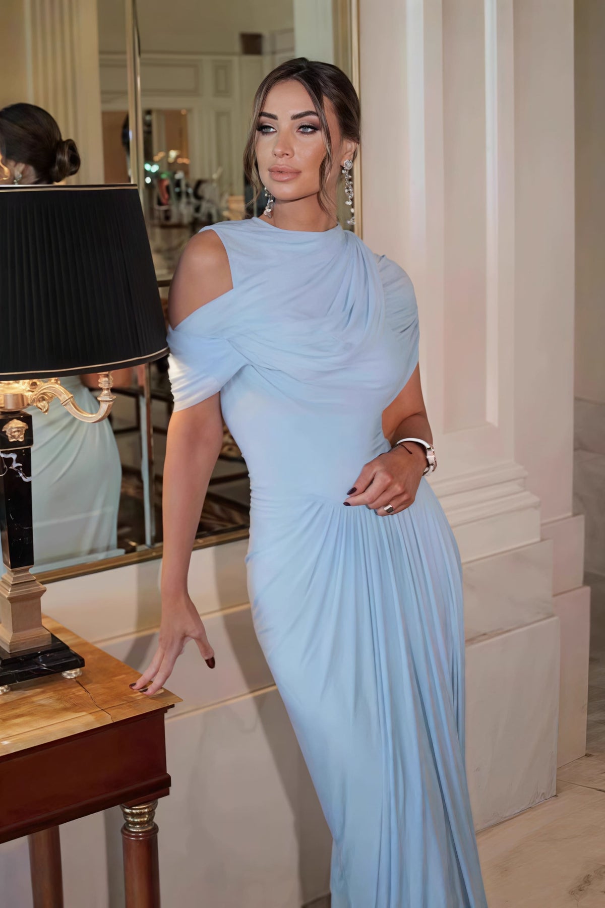 Draped Cowl Neck Sleeveless Pleated Gown 2