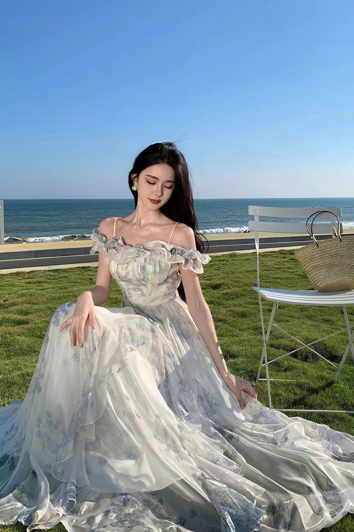 Floral Print Off Shoulder Ruffle Tulle Maxi Gown 5
