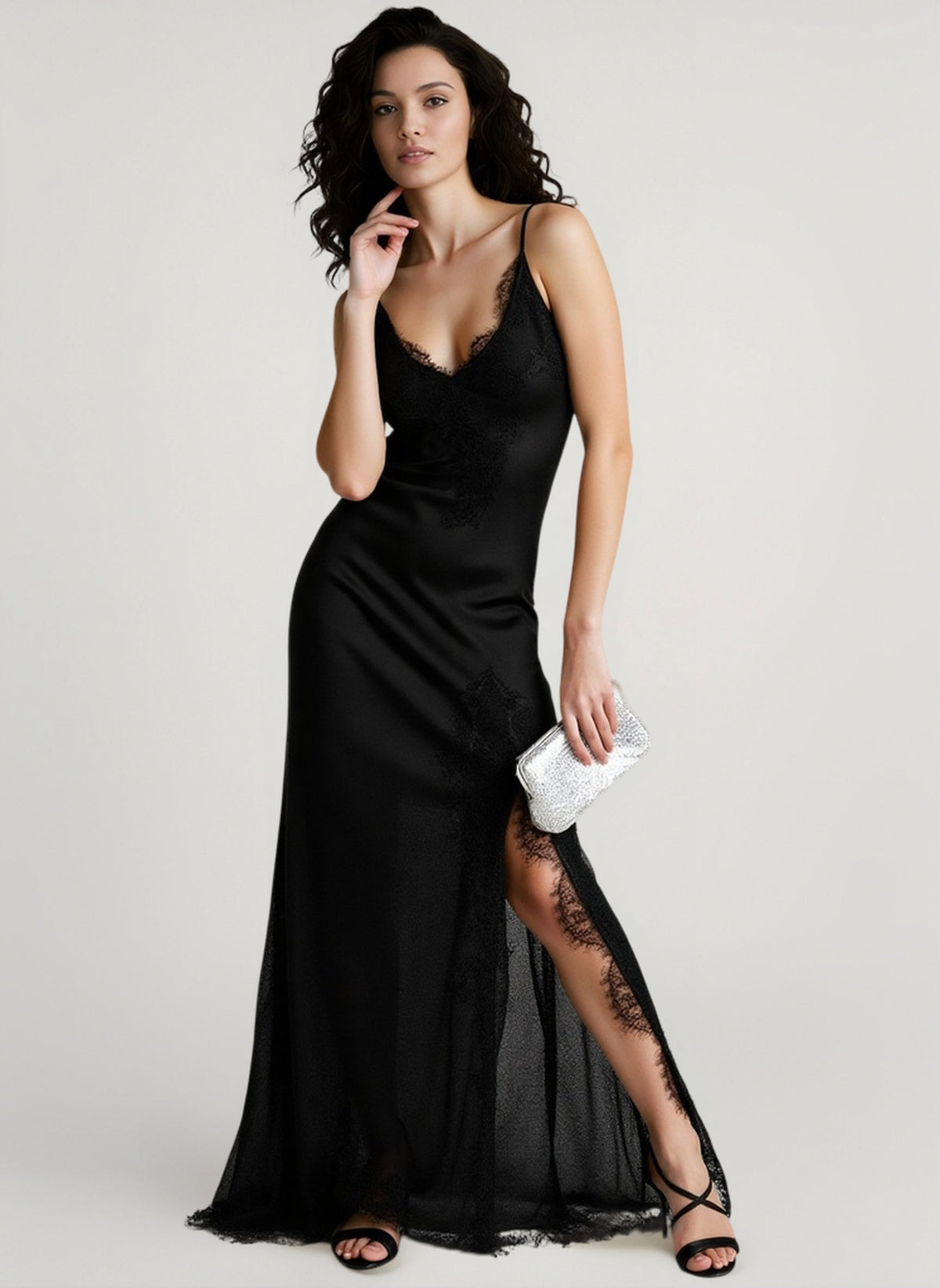 Satin Lace Trim V-Neck Spaghetti Strap Maxi Dress 5