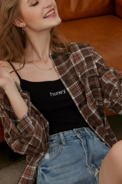 Plaid Stand Collar Button Shirt Blouse - Fashionpara