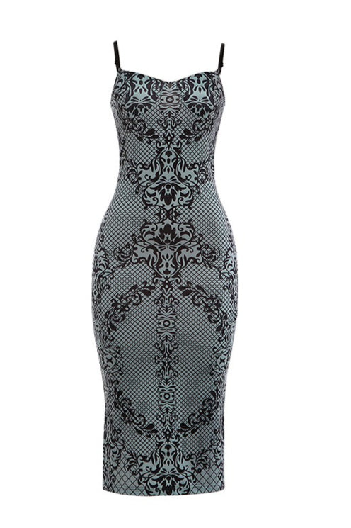 Flocked Baroque Print Square Neck Bodycon Midi Dress 5