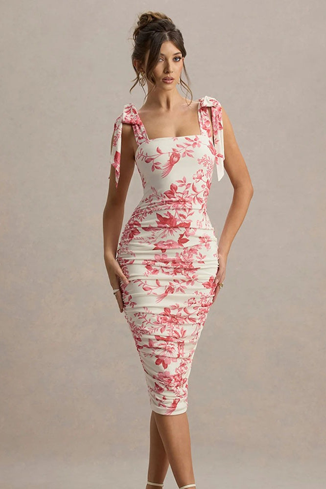 Vintage Floral Print Ruched Maxi Dress