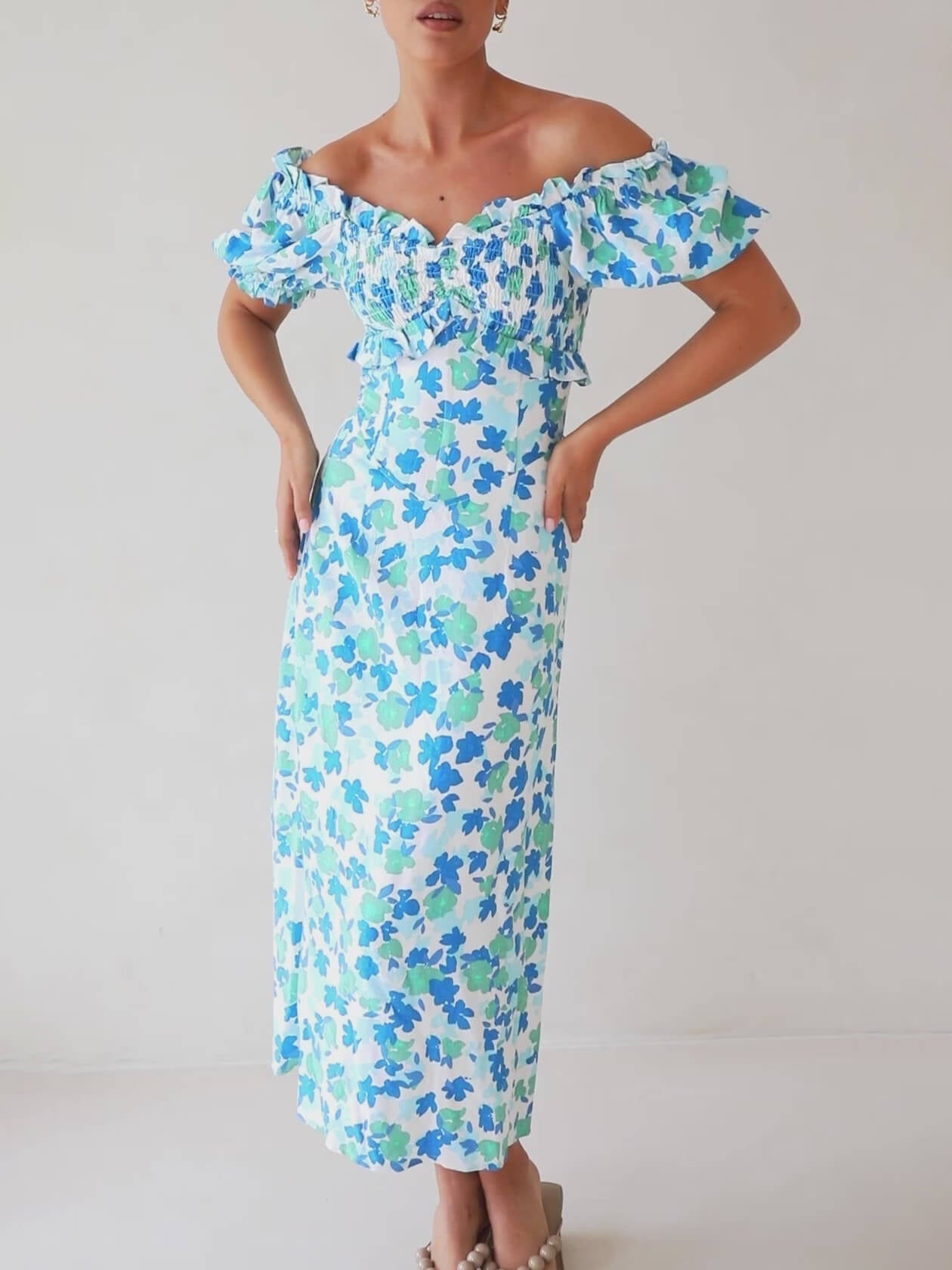 Summer Fresh Floral Off-Shoulder Midi Dress - Fashionpara