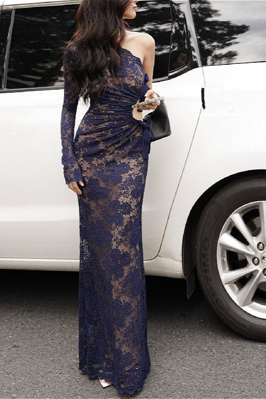 Sexy Lace One-Shoulder Bow Maxi Dress