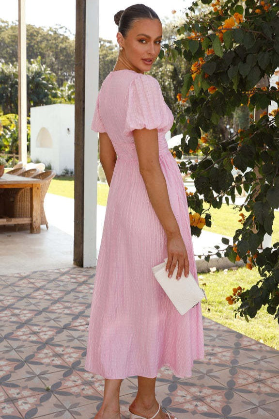 V-Neck Puff Sleeve Button-Front Ruched A-Line Maxi Dress 13