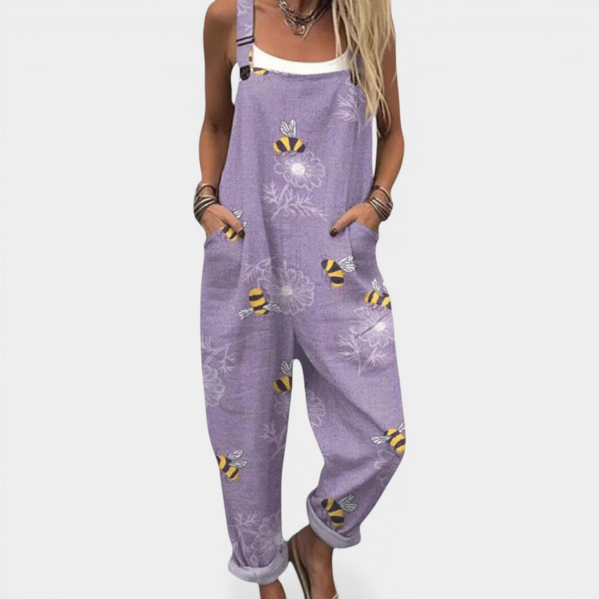 Bee Floral Print Sleeveless Pocket Overall Jumpsuit