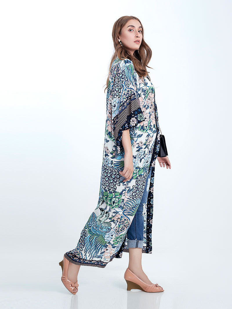 Beachwear Cotton Long Length Floral With Birds Print Blue, White & Green Color Gown Kimono Duster Robe - Fashionpara