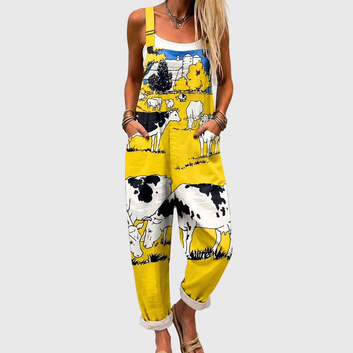 Cow Print Wide Leg Overall Jumpsuit