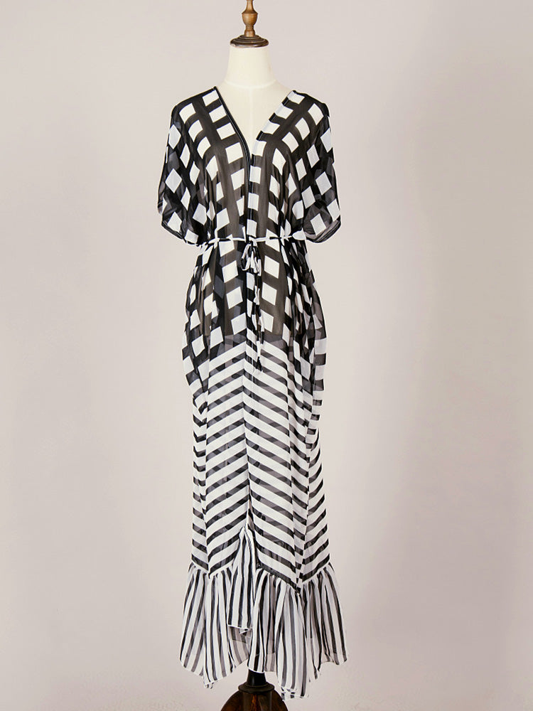 Printed Black Color Chiffon Long Length Gown Kimono Duster Robe - Fashionpara