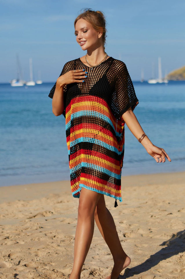 Rainbow Stripe Openwork Slit Cover Up - Fashionpara