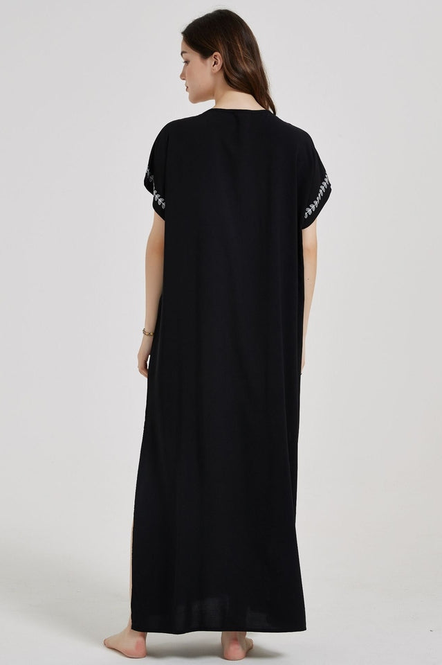 Embroidered V-Neck Short-Sleeve Kaftan Maxi Dress 35
