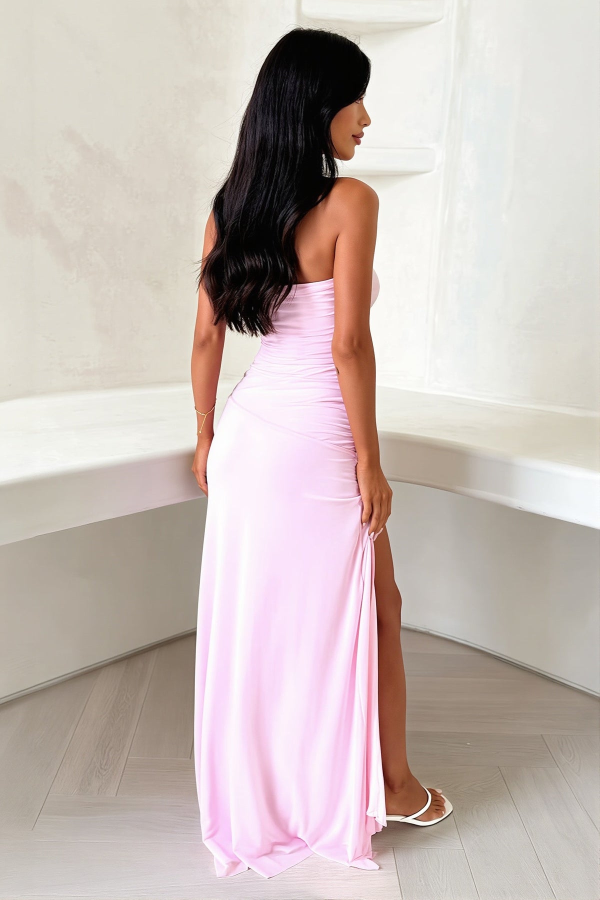 Satin Strapless Ruched High Split Maxi Gown 3