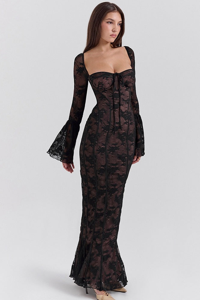 Lace Sweetheart Bell Sleeve Corset Fishtail Maxi Dress