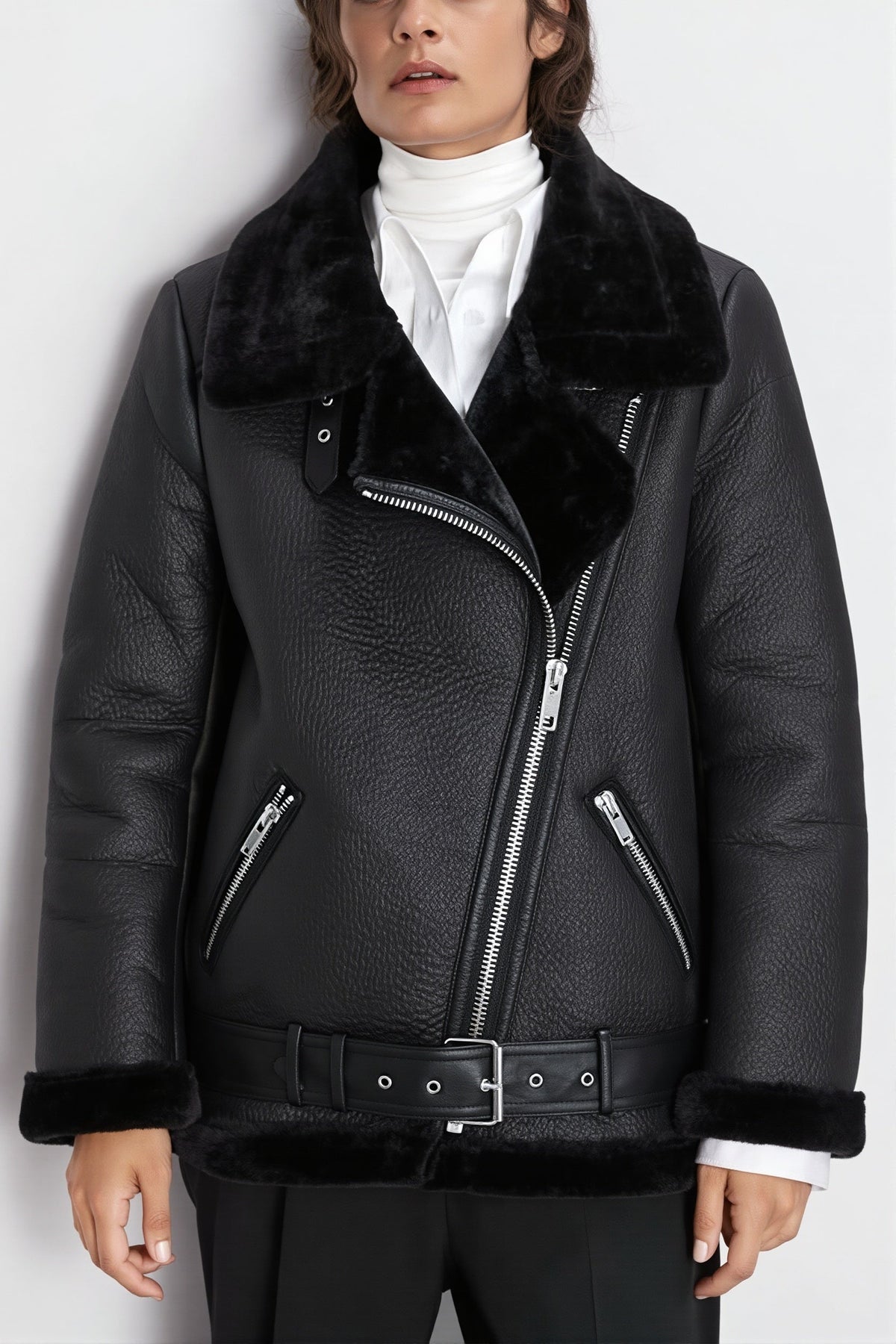 Asymmetric Zip Shearling Moto Coat
