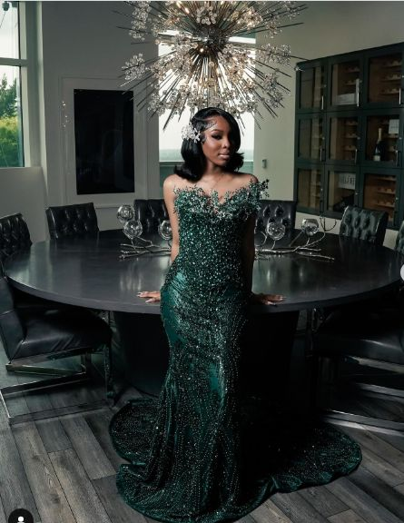 Luxury One Shoulder Satin Beaded Evening Dress Emerald Green Mermaid Prom Dress - Fashionpara