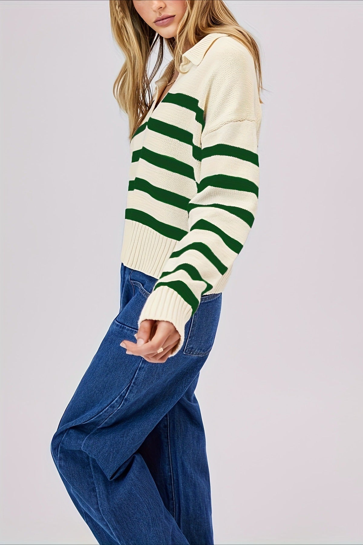 Striped Wool Collar V-Neck Sweater 15