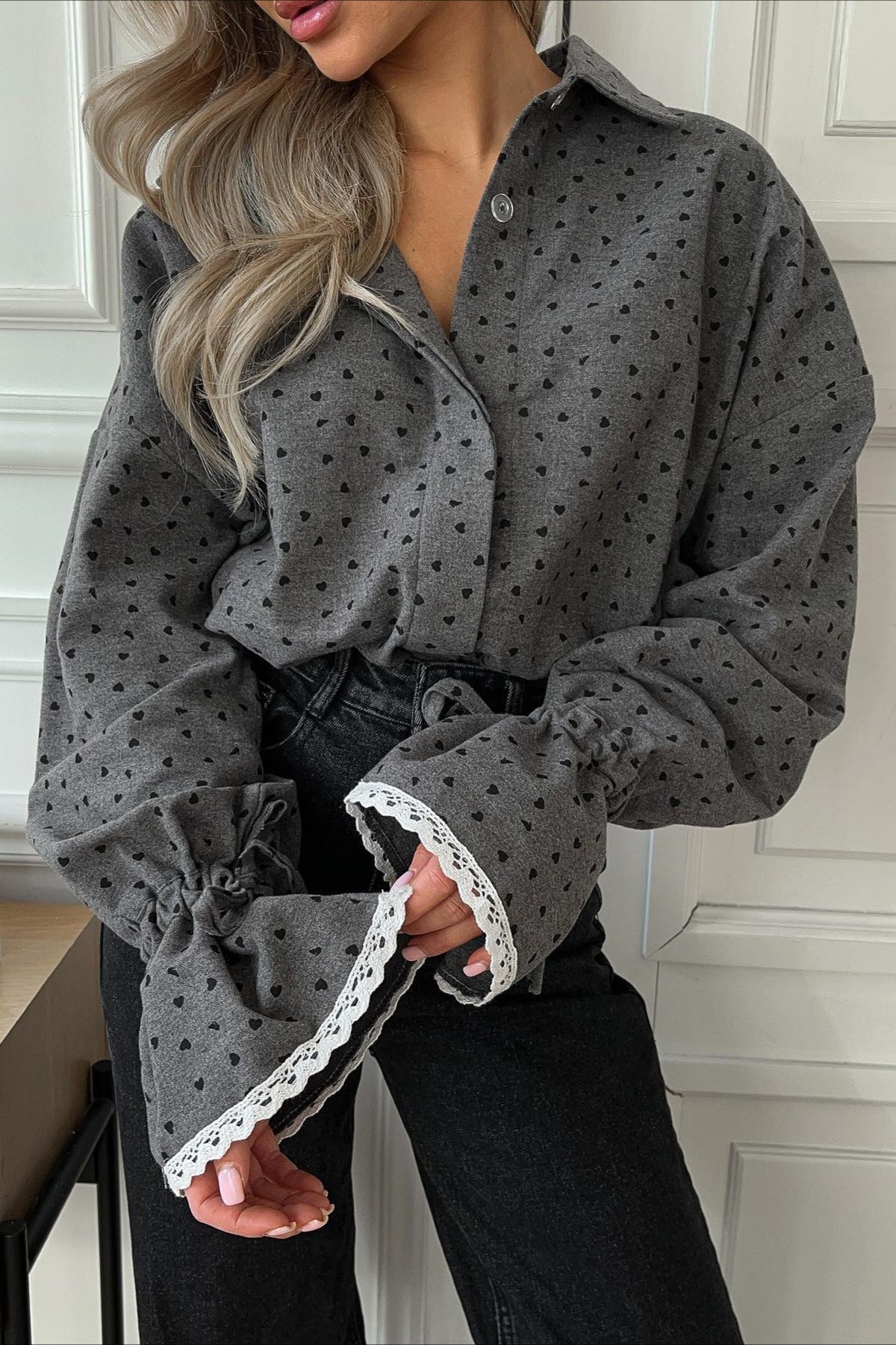 Polka Dot Lace Cuff Blouse - Fashionpara