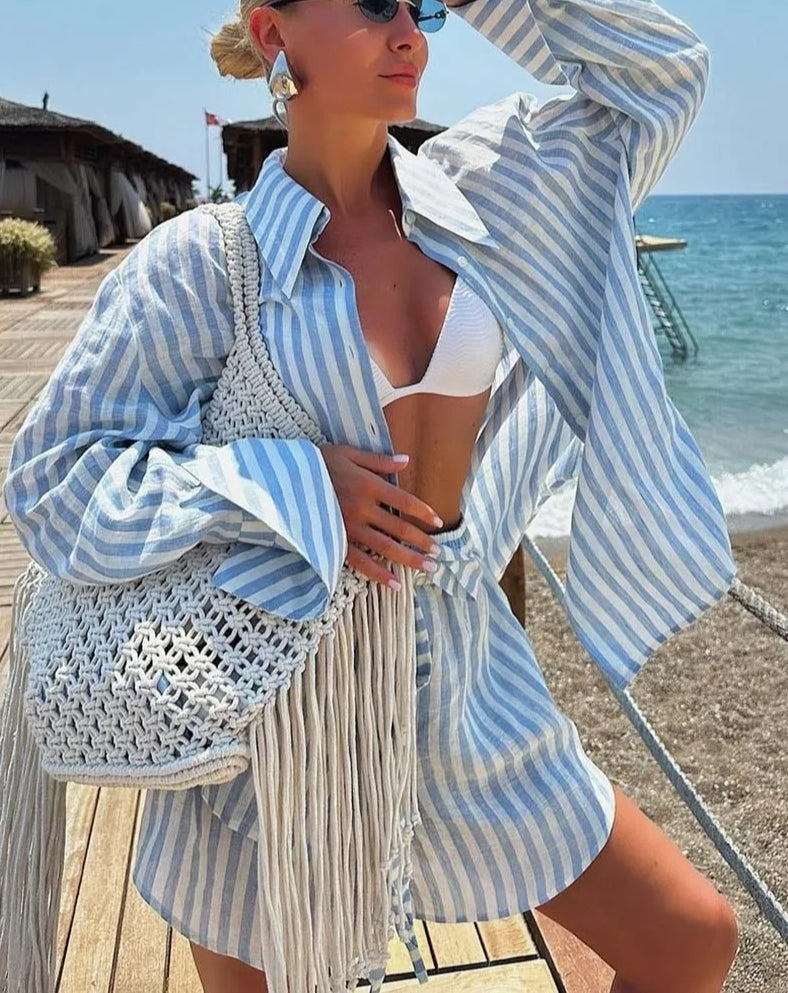 Blue Print Single Breasted Shorts Office Two Piece Set