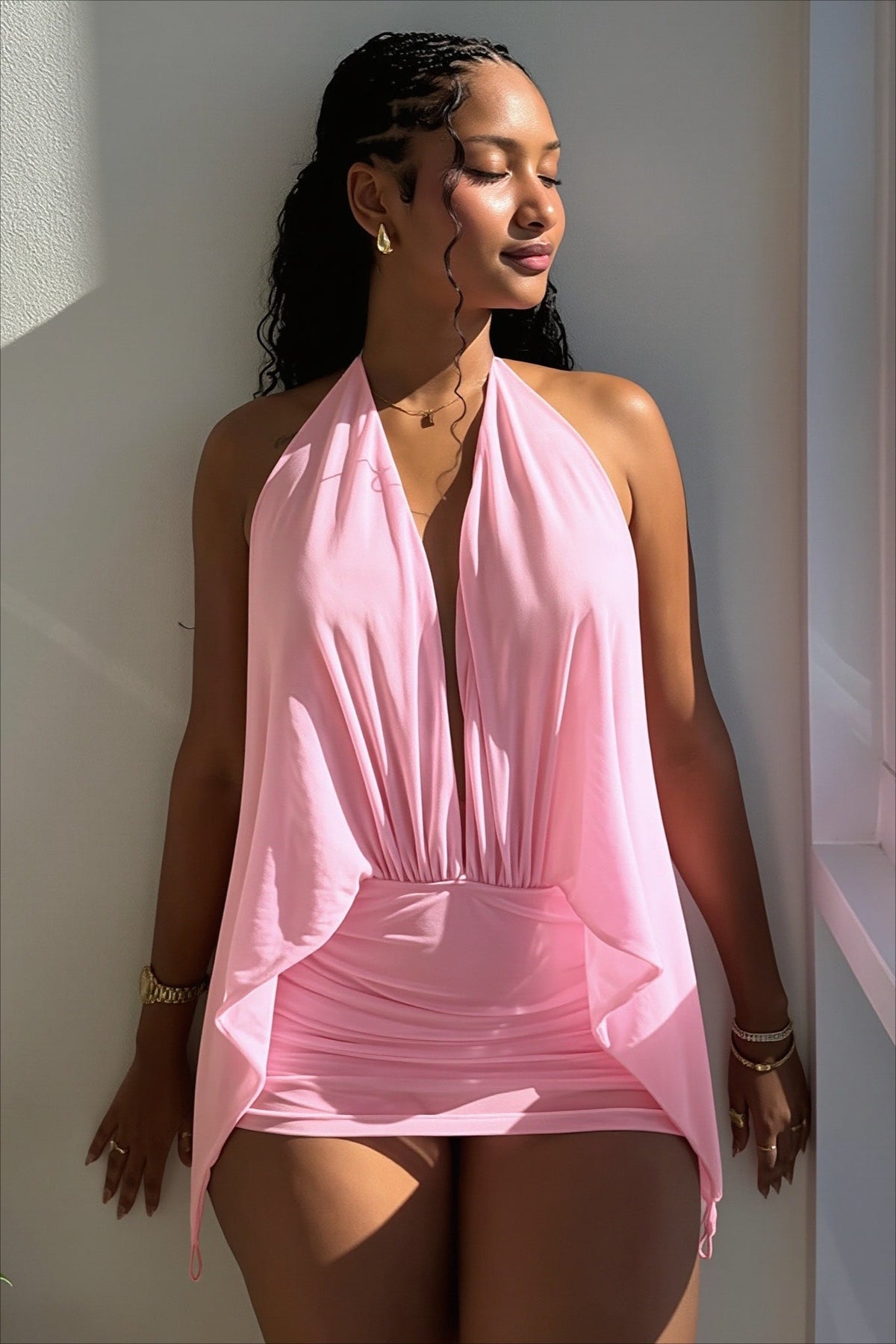 Halter Deep V-Neck Draped Ruched Bodycon Mini Dress