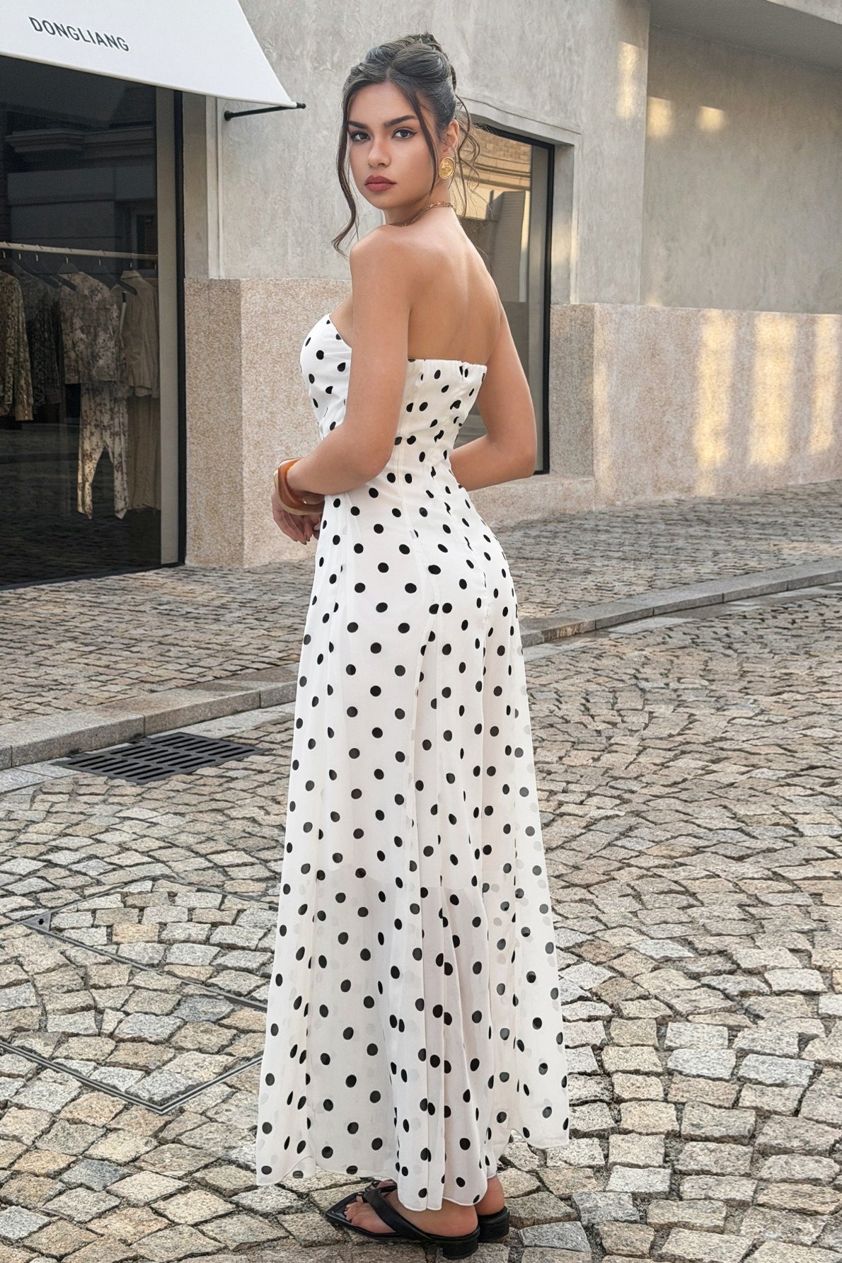 Polka Dot Strapless Pleated High-Slit Maxi Dress 3
