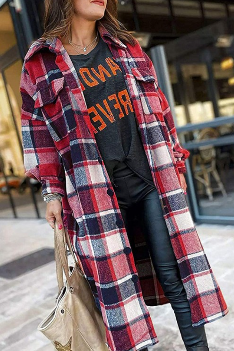 Lapel Plaid Slit Long Woolen Coat
