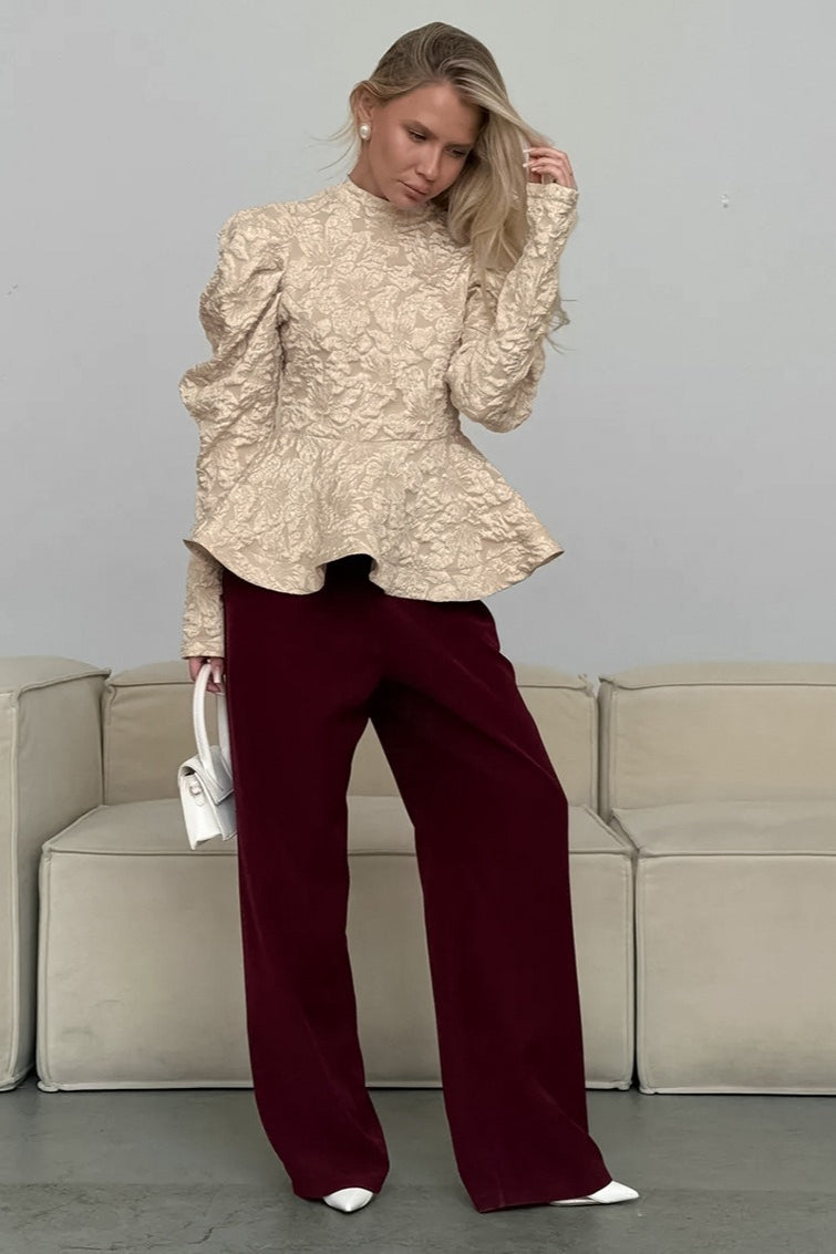 Textured Puff Sleeve Peplum Top