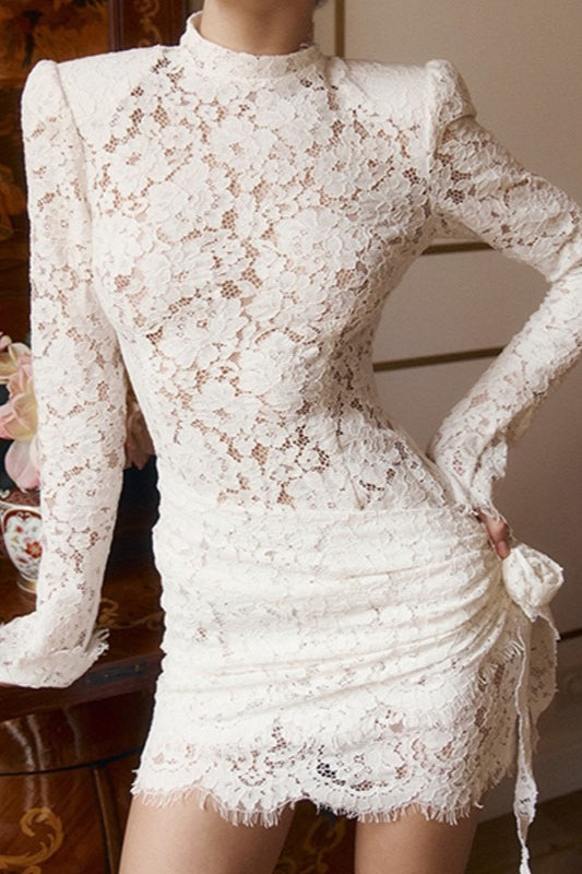 Floral Lace Long Sleeve High Neck Ruched Mini Dress