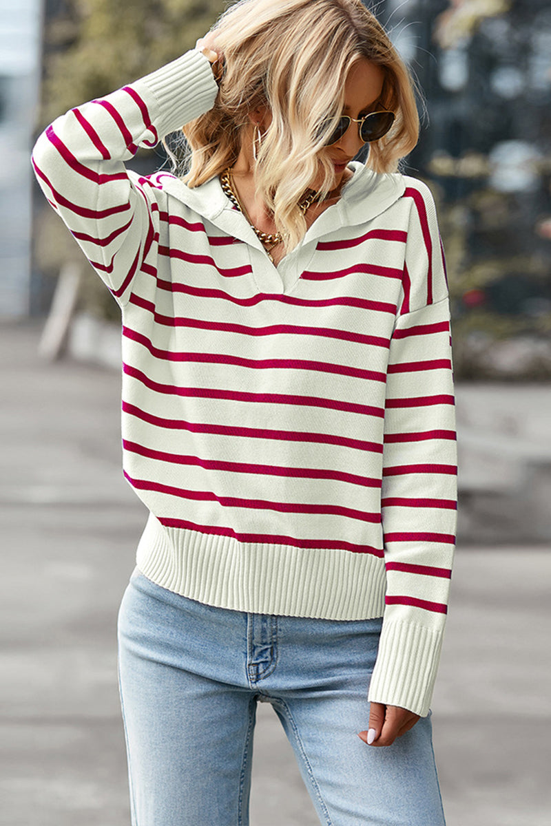 Uniqshe Classic Polo Collar Striped Sweater for Timeless Style