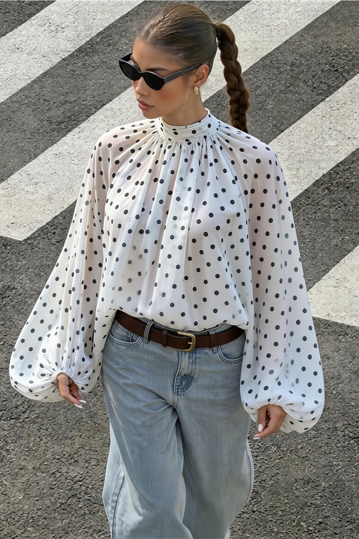 Elegant Polka Dot Bow Neck Blouse