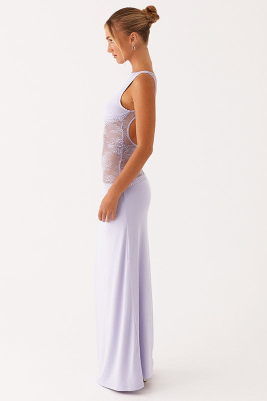 Lace Panel High Neck Backless Mermaid Maxi Dress 10