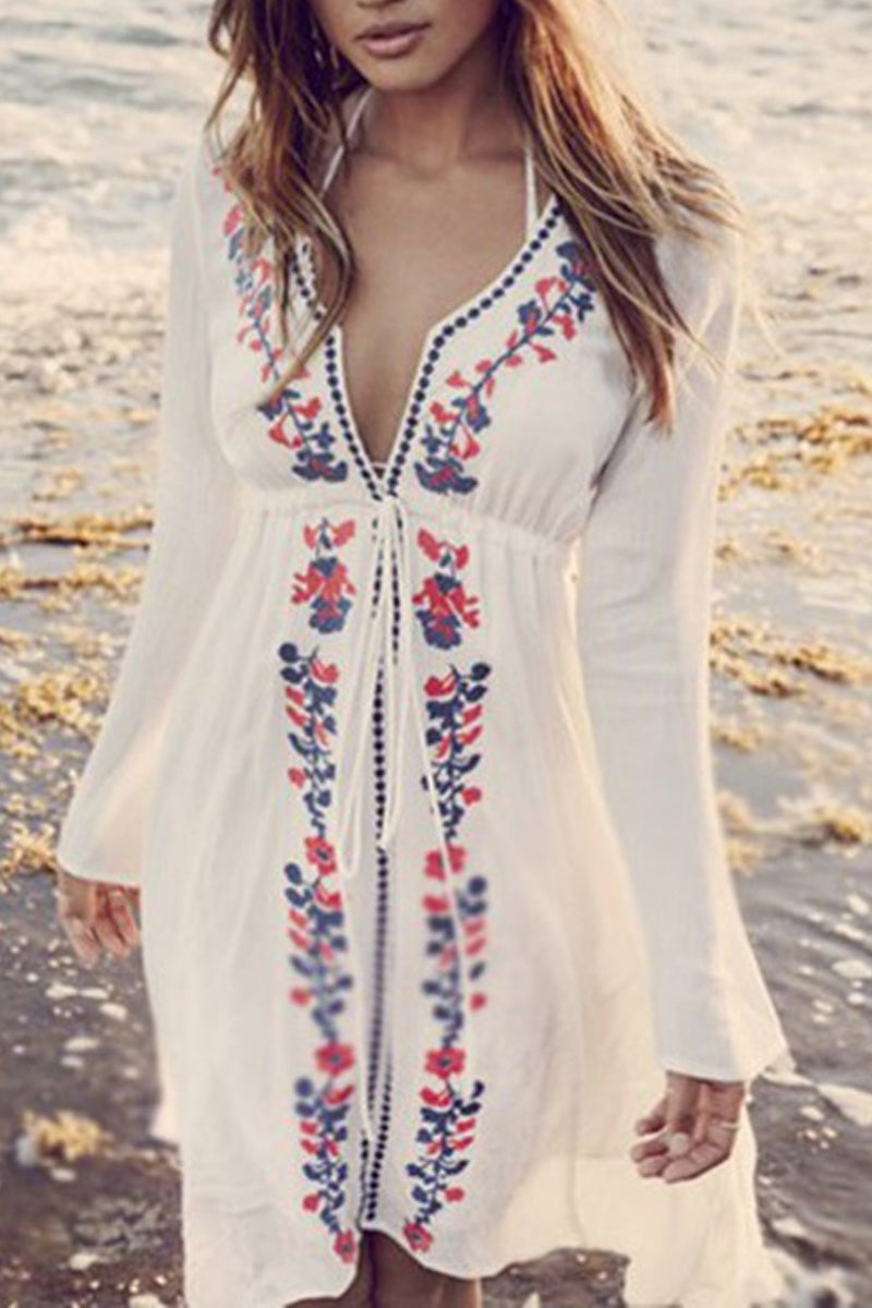 Embroidered Bohemian Deep V Cover Up - Fashionpara