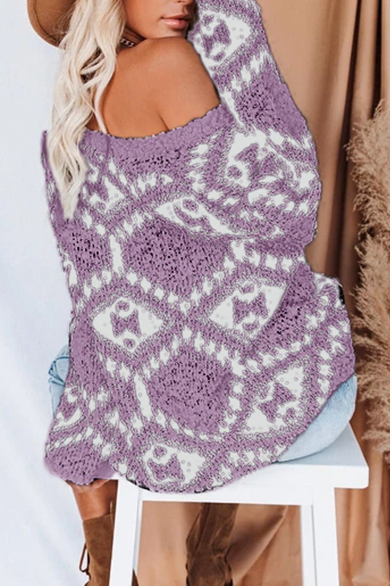 Oversized Geometric Print V Neck Sweater  Fashionpara
