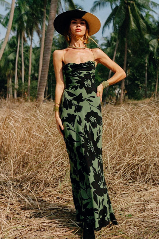 Floral Cowl Neck Bias Cut Slip Maxi Dress