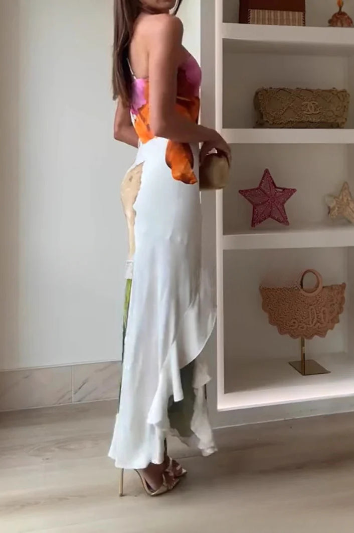 Satin Floral Print One Shoulder Maxi Dress 2