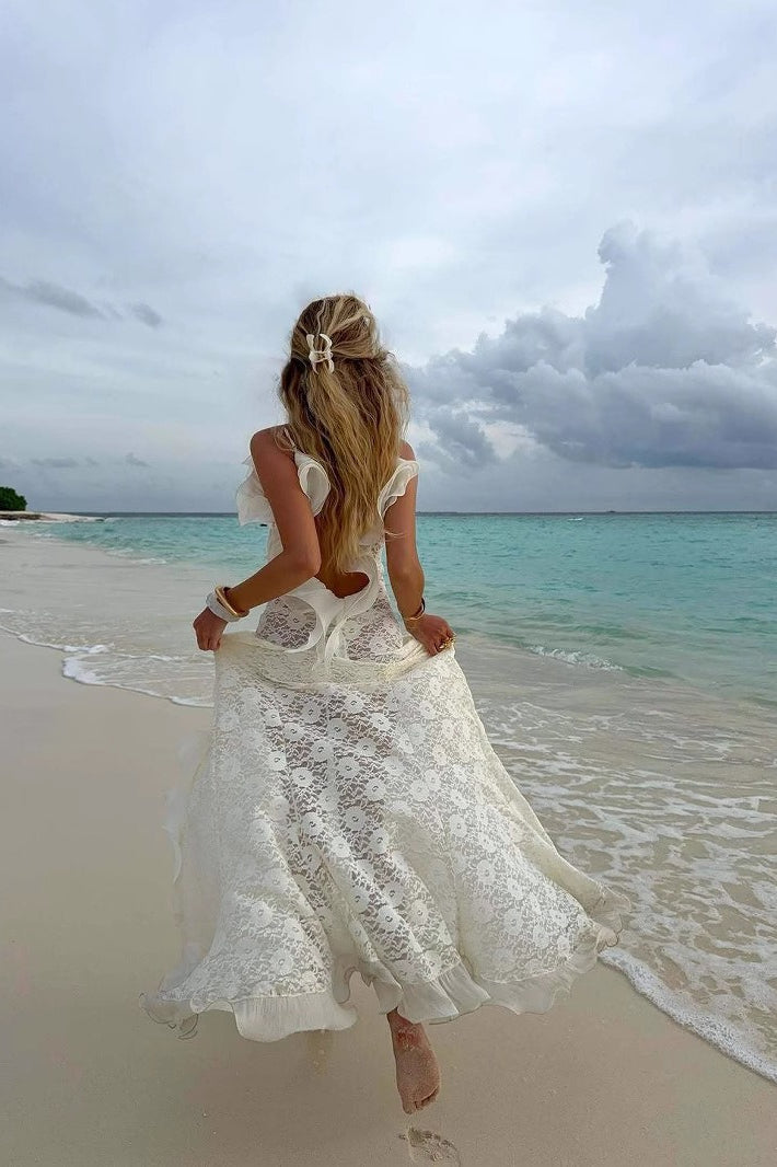 Sexy Lace Split V Neck Backless Ruffled Boho Dress - Fashionpara