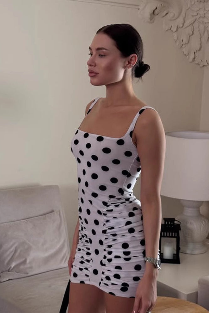 Vintage Polka Dot Ruched Bodycon Mini Dress - Fashionpara