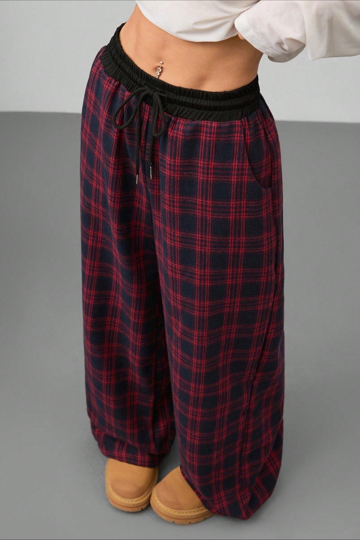Plaid Elastic Waist Stretch Loose Casual Pants