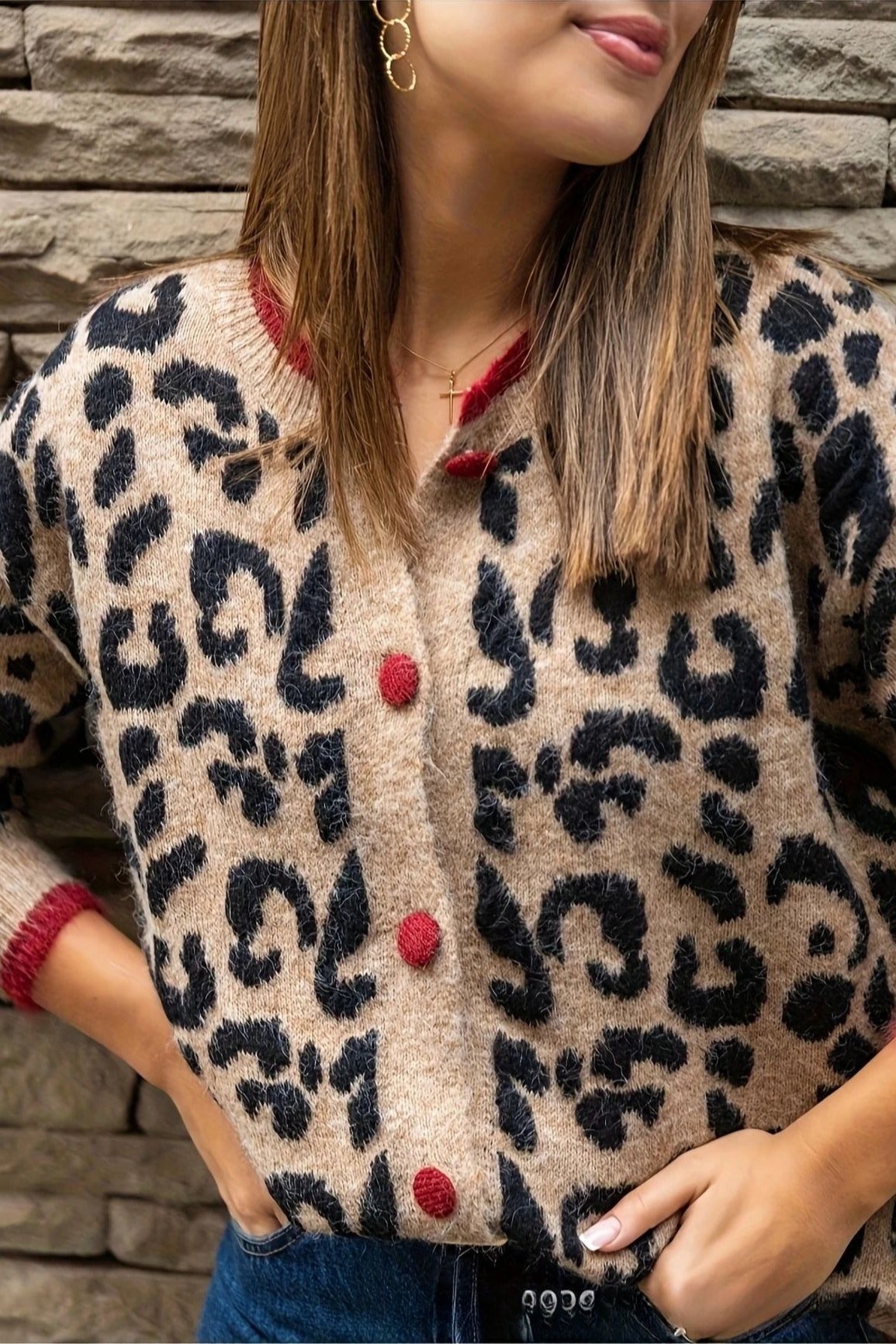 Chic Leopard Print Crewneck Cardigan Sweater for Elegance
