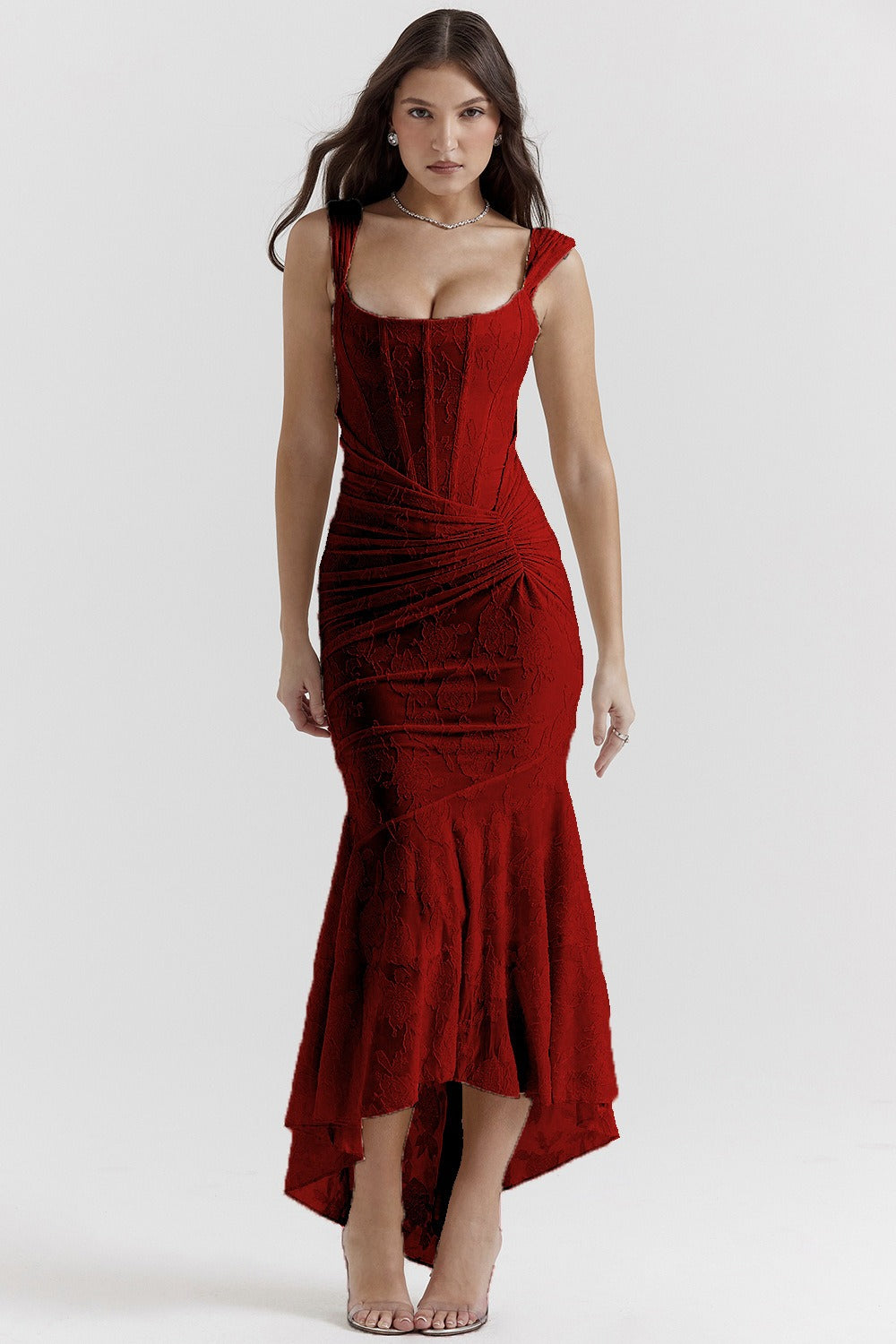 Jacquard Square Neck Corset Ruched Mermaid Gown - View 10