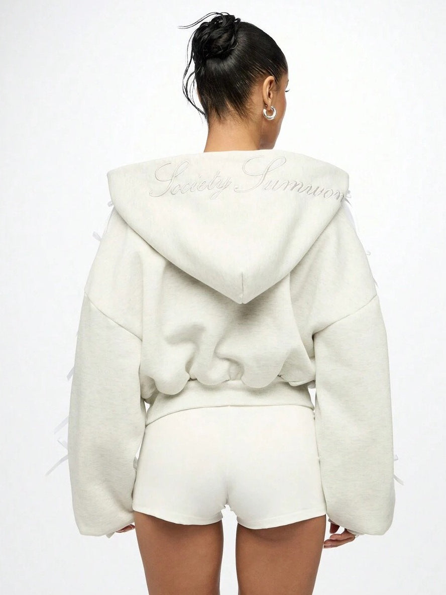 Embroidered Side Bow Zip Up Hoodie