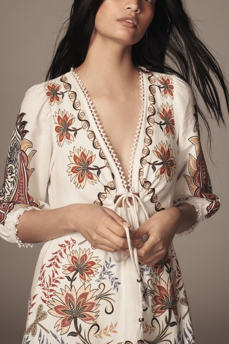 Puerto Rico Unique Print Tie-up Half Sleeve A-line Tiered Maxi Dress - Fashionpara