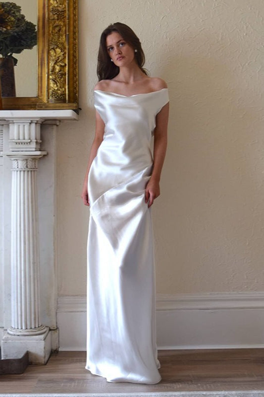Satin Off Shoulder Cowl Draped Slim Fit Maxi Dress