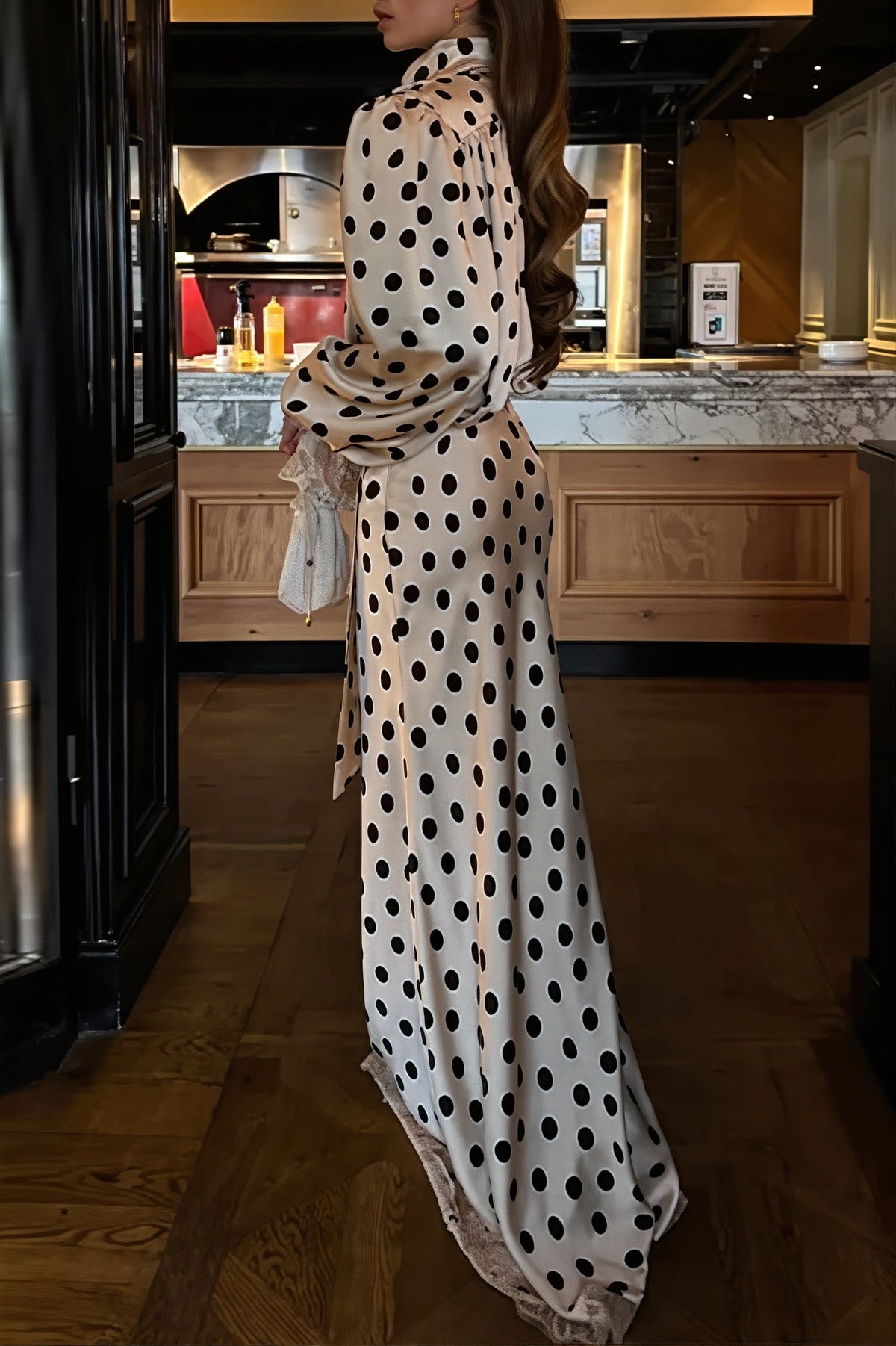 Polka Dot Keyhole Balloon Sleeve Mermaid Gown 3