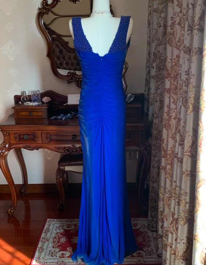 Sexy Royal Blue Tulle Pleated Beaded Mermaid Long Wedding Guest Dress Evening Dress D1716