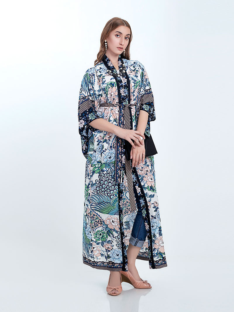 Beachwear Cotton Long Length Floral With Birds Print Blue, White & Green Color Gown Kimono Duster Robe - Fashionpara