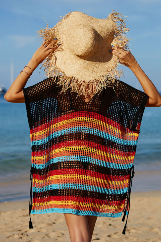 Rainbow Stripe Openwork Slit Cover Up - Fashionpara